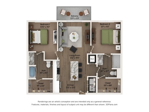 Floor plan for 2 beds, 2 baths, 1025 sqft